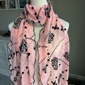 Elegant Pink Sheer Floral Scarf – Black Velvet & Silver Accents